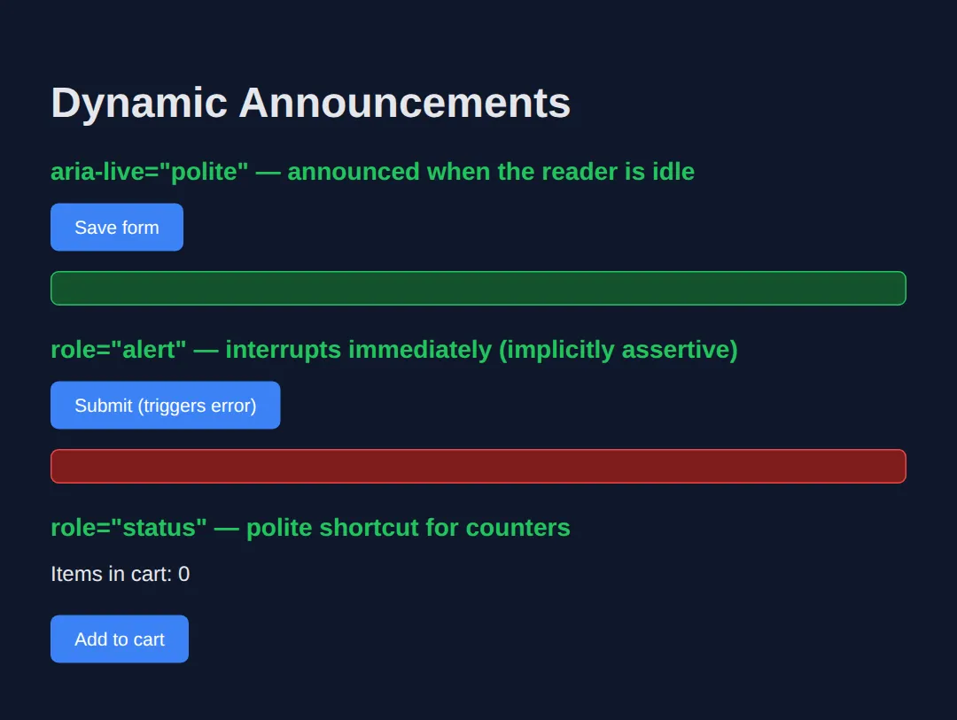 The page this code makes: Polite updates, assertive alerts, and role=status