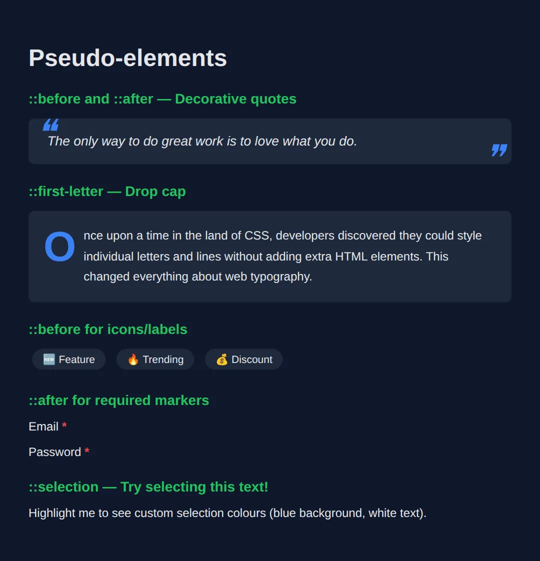 The page this code makes: Add decorative content and style text parts without extra HTML