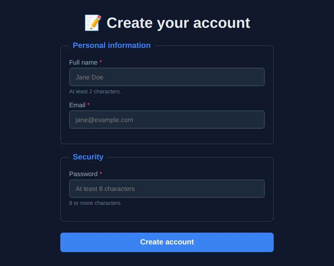 The page this code makes: Structure + native validation + accessible custom error