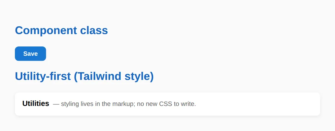 The page this code makes: One semantic class vs composing tiny utilities (Tailwind-style)