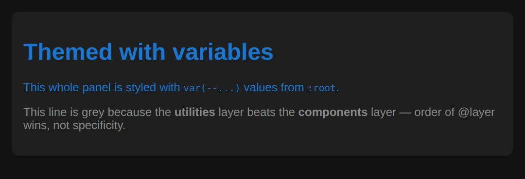 The page this code makes: Theme with variables; let cascade layers decide the winner