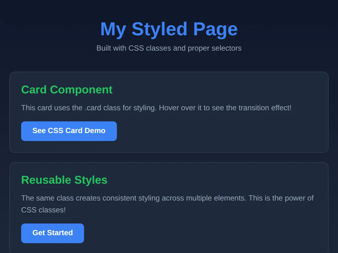 The page this code makes: Build a complete styled page with cards and layout