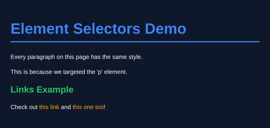 The page this code makes: Style all elements of a specific type