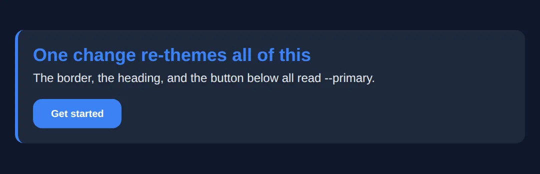 The page this code makes: Every style reads from variables declared once in :root
