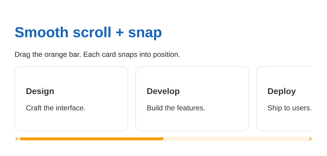 The page this code makes: Smooth scroll + snap carousel