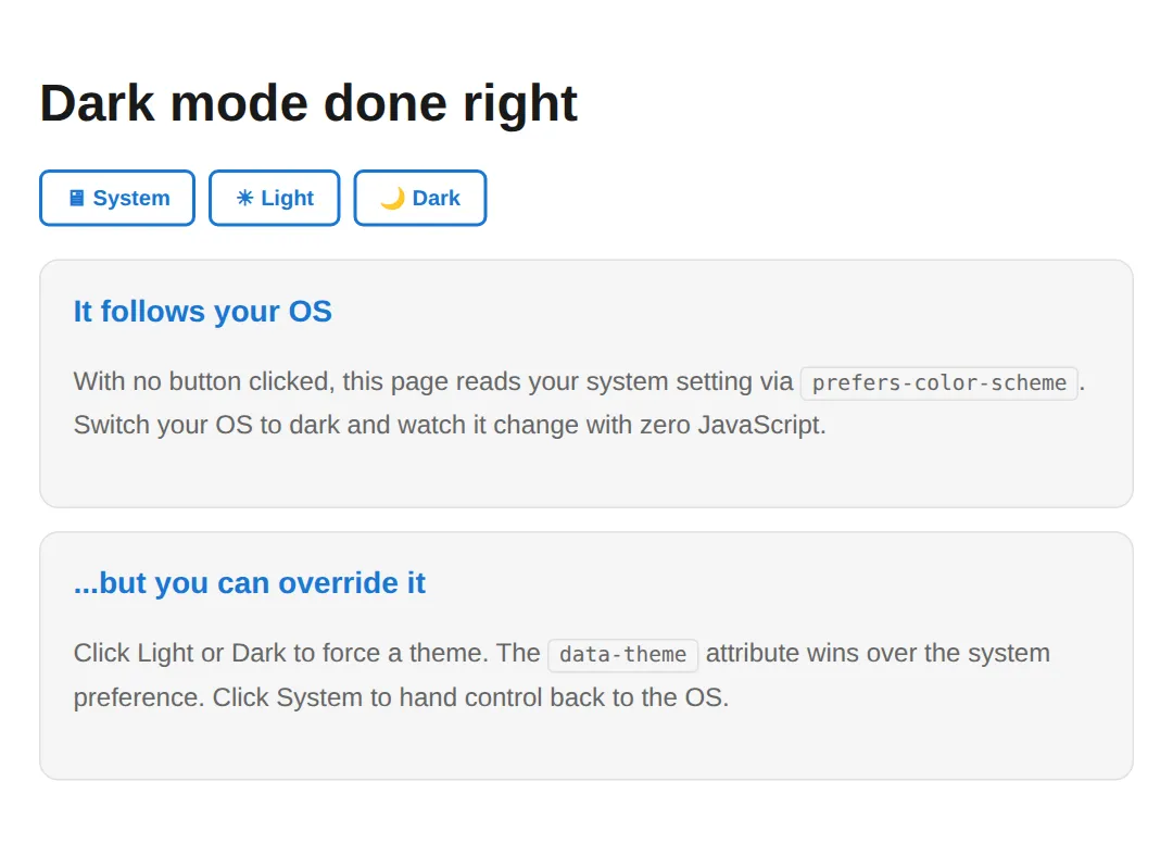 The page this code makes: A complete page that follows the OS and accepts a manual override
