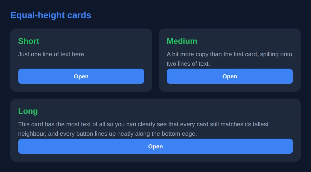 The page this code makes: flex-wrap grid + nested column + margin-top:auto footer