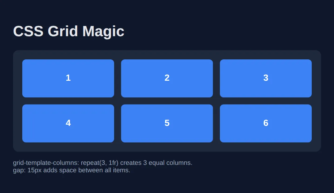 The page this code makes: See how display: grid creates a two-dimensional layout