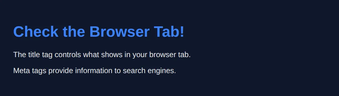 The page this code makes: Meta tags, title, and linked resources