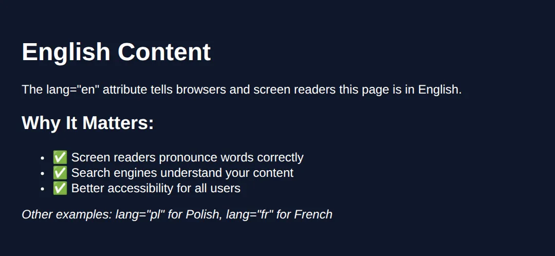 The page this code makes: See how the lang attribute helps accessibility