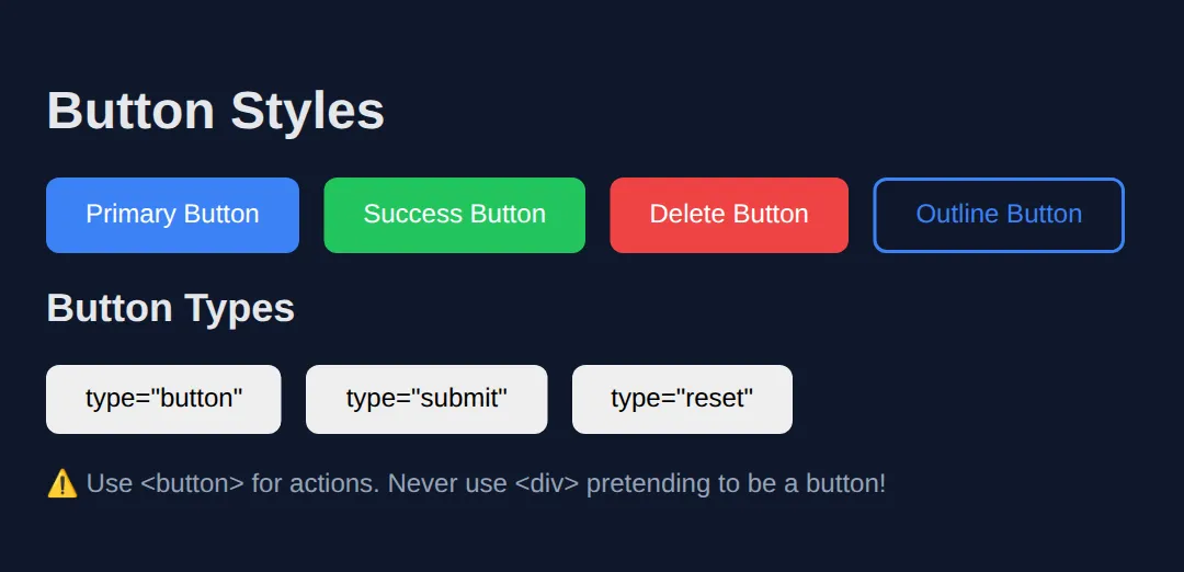 The page this code makes: Create clickable, accessible buttons