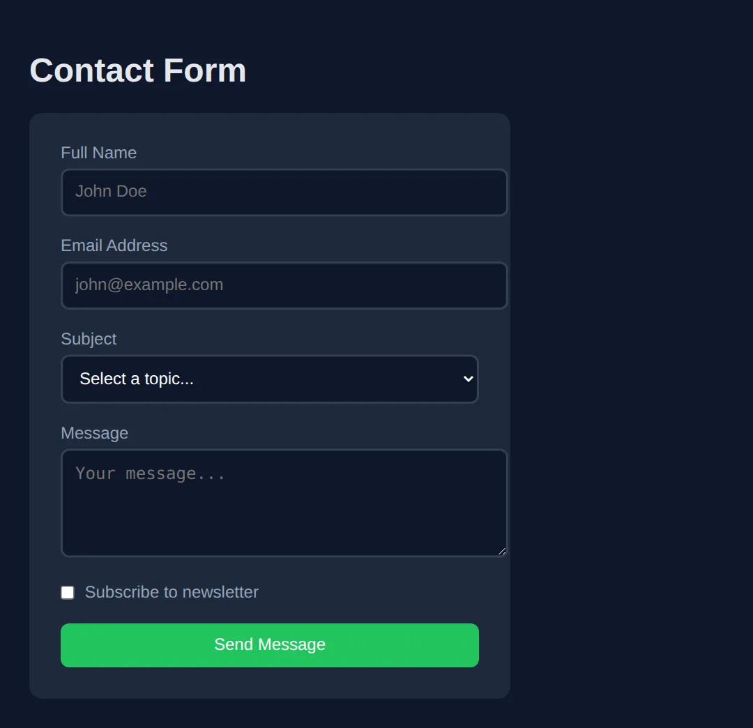 The page this code makes: Build forms with various input types