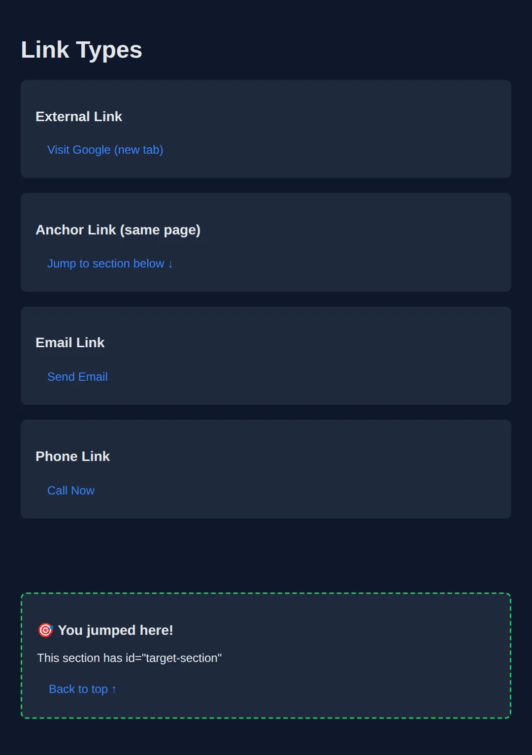 The page this code makes: External, internal, and anchor links