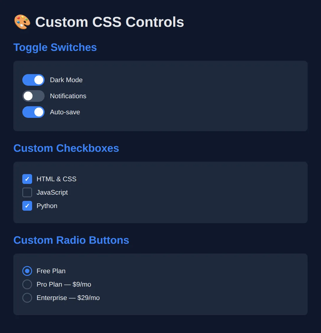 The page this code makes: Toggle switches and styled checkboxes with pure CSS
