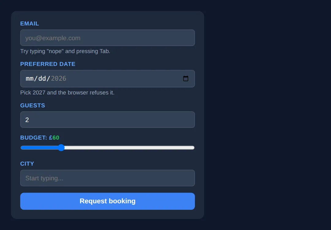 The page this code makes: type, required, min/max/step, output and datalist, fully commented