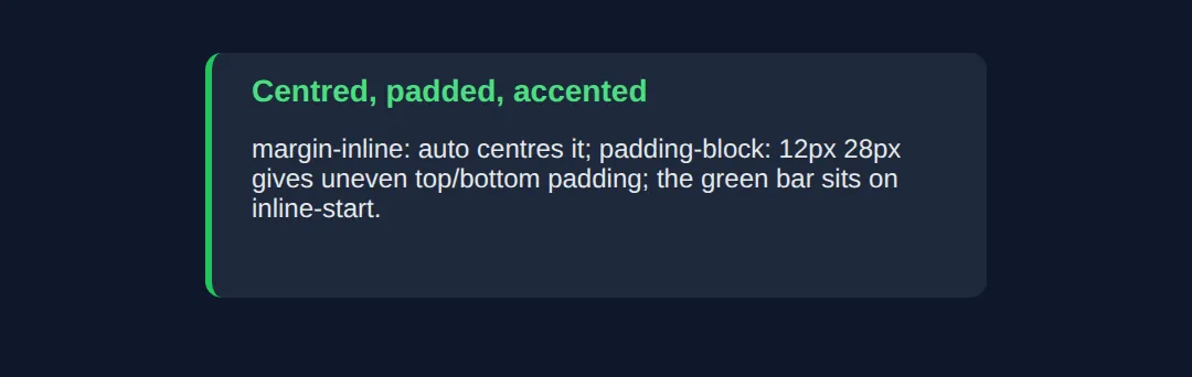 The page this code makes: margin-inline, padding-block and a two-value shorthand
