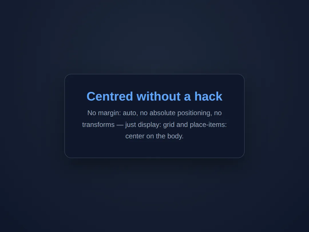 The page this code makes: One line centres the card in the middle of the screen