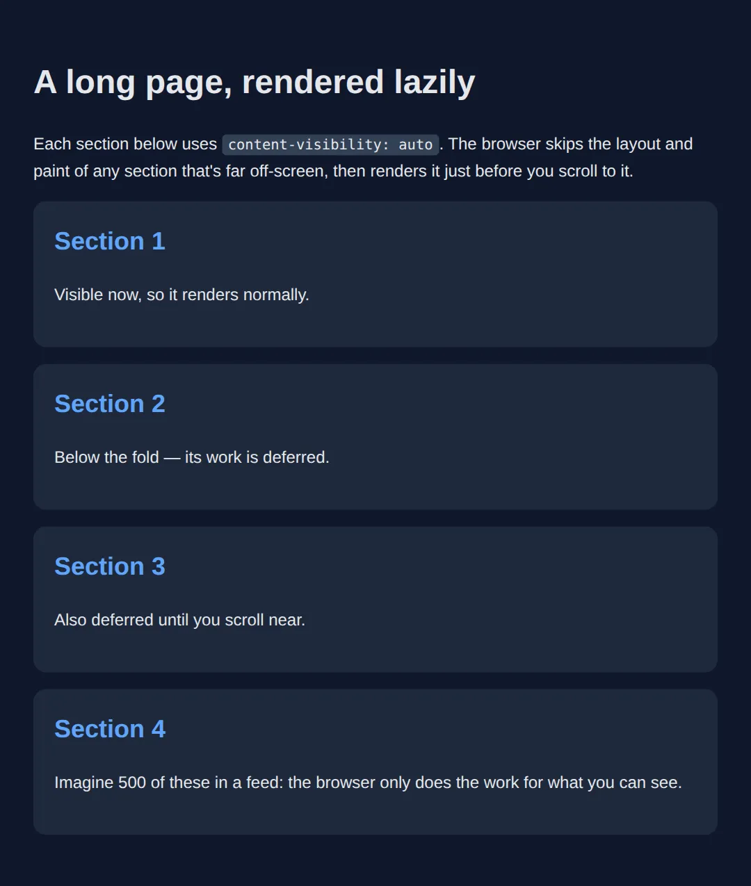 The page this code makes: Skip rendering off-screen blocks, but reserve their height