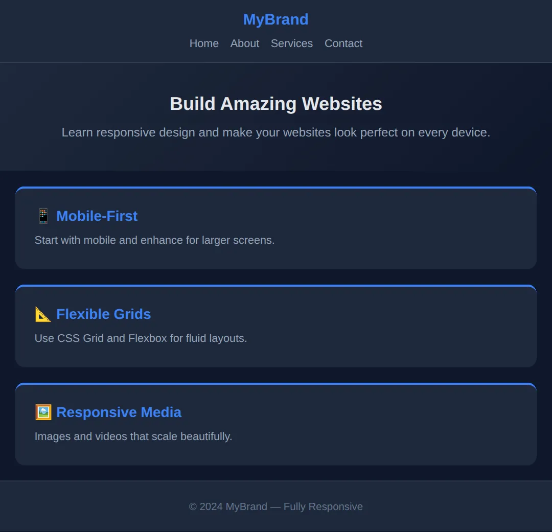 The page this code makes: A full responsive layout with navbar, hero, cards, and footer
