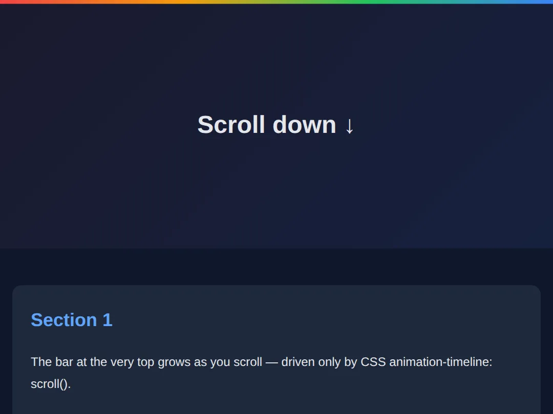 The page this code makes: @keyframes + animation-timeline: scroll() with no JavaScript