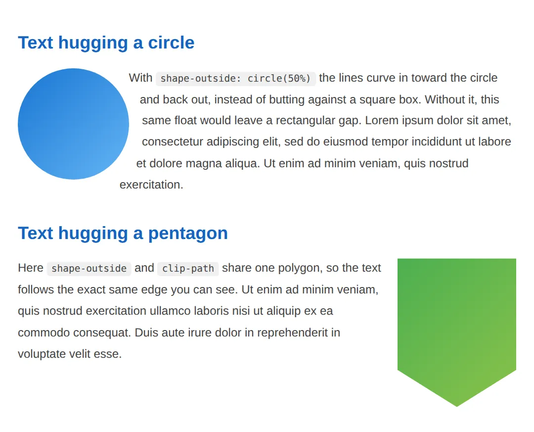 The page this code makes: float + size + shape-outside, matched with the visible shape
